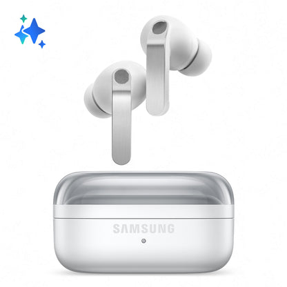 Samsung Galaxy Buds4 Pro trådløse in-ear høretelefoner hvid med silikonepropper og matchende rektangulært ladeetui.
