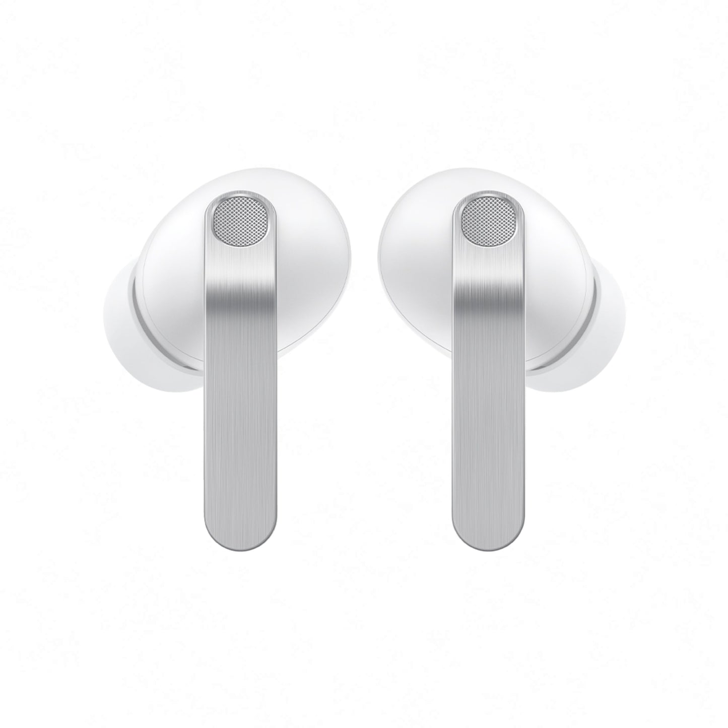 Samsung Galaxy Buds4 Pro true wireless hvide høretelefoner, sølv metalstilk, aktiv støjreduktion, frontvisning.