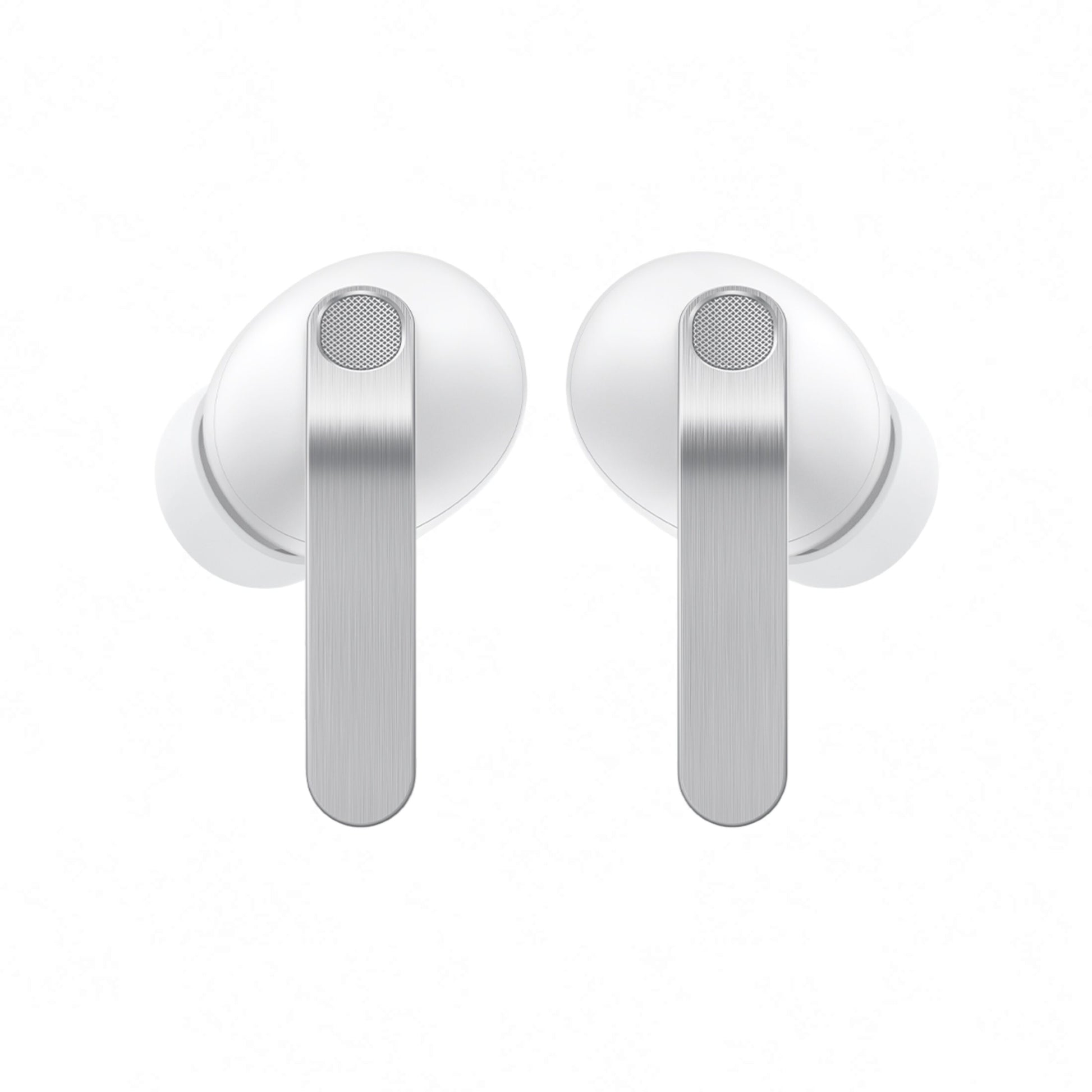 Samsung Galaxy Buds4 Pro true wireless hvide høretelefoner, sølv metalstilk, aktiv støjreduktion, frontvisning.