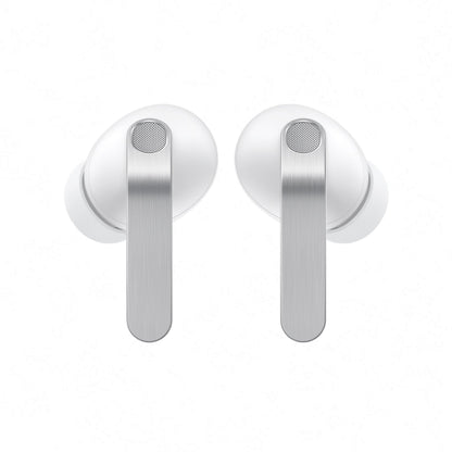 Samsung Galaxy Buds4 Pro true wireless hvide høretelefoner, sølv metalstilk, aktiv støjreduktion, frontvisning.