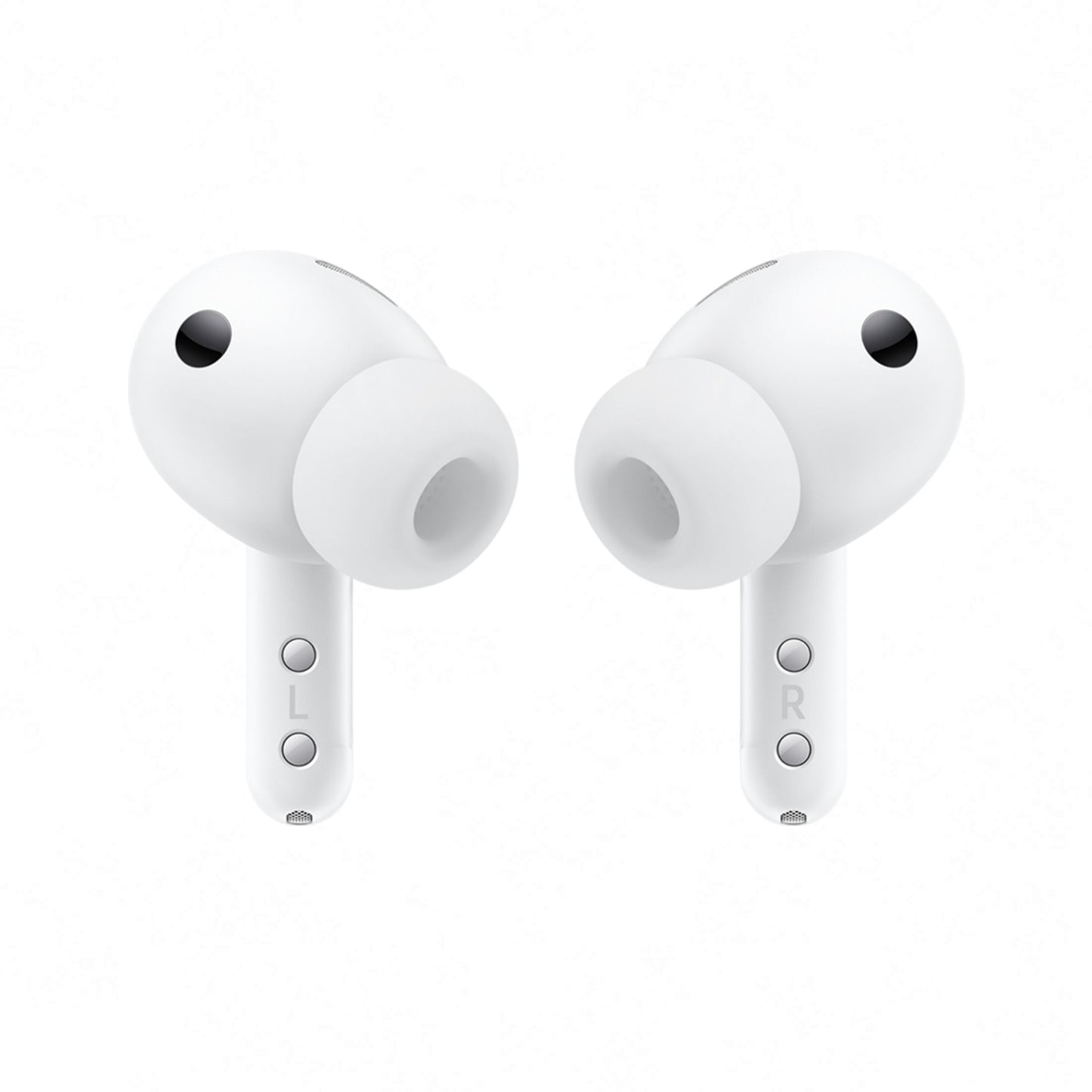 Samsung Galaxy Buds4 Pro trådløse in-ear høretelefoner hvid, silikone ørepropper, markeret L og R, aktiv støjreduktion.