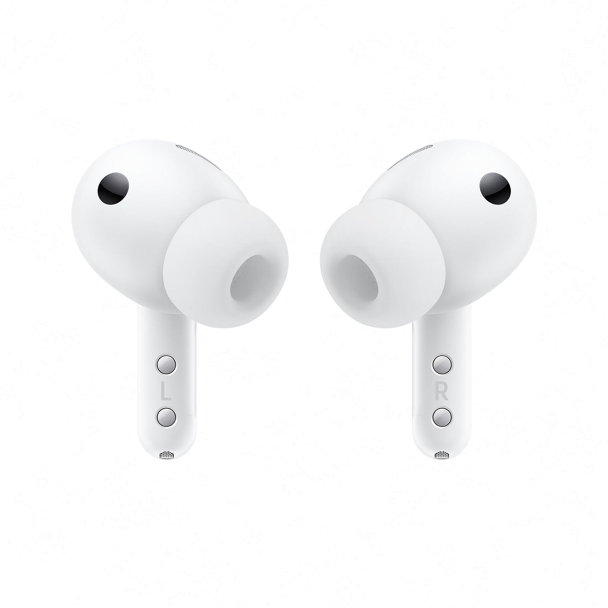 Samsung Galaxy Buds4 Pro trådløse in-ear høretelefoner hvid, silikone ørepropper, markeret L og R, aktiv støjreduktion.