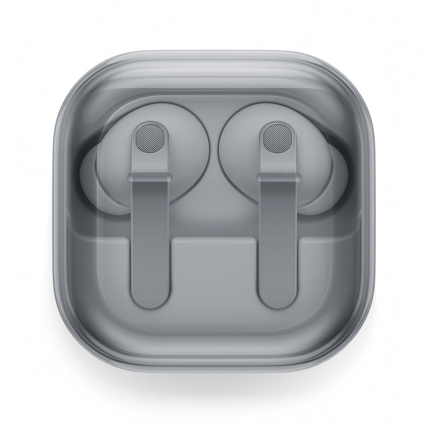 Samsung Galaxy Buds4 Pro true wireless earbuds, hvid, aktiv støjreduktion, i gennemsigtig opladningsetui top-view.