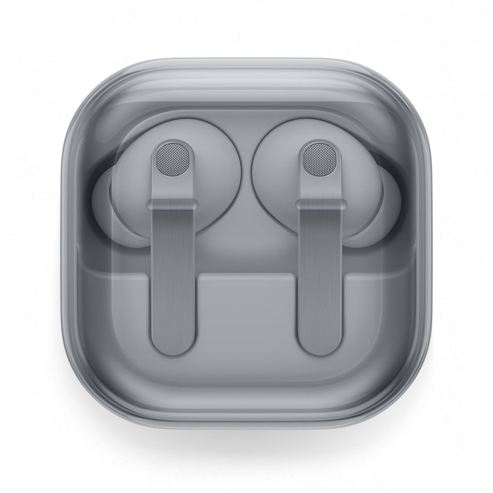 Samsung Galaxy Buds4 Pro true wireless earbuds, hvid, aktiv støjreduktion, i gennemsigtig opladningsetui top-view.