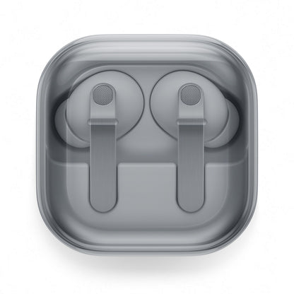 Samsung Galaxy Buds4 Pro true wireless earbuds, hvid, aktiv støjreduktion, i gennemsigtig opladningsetui top-view.