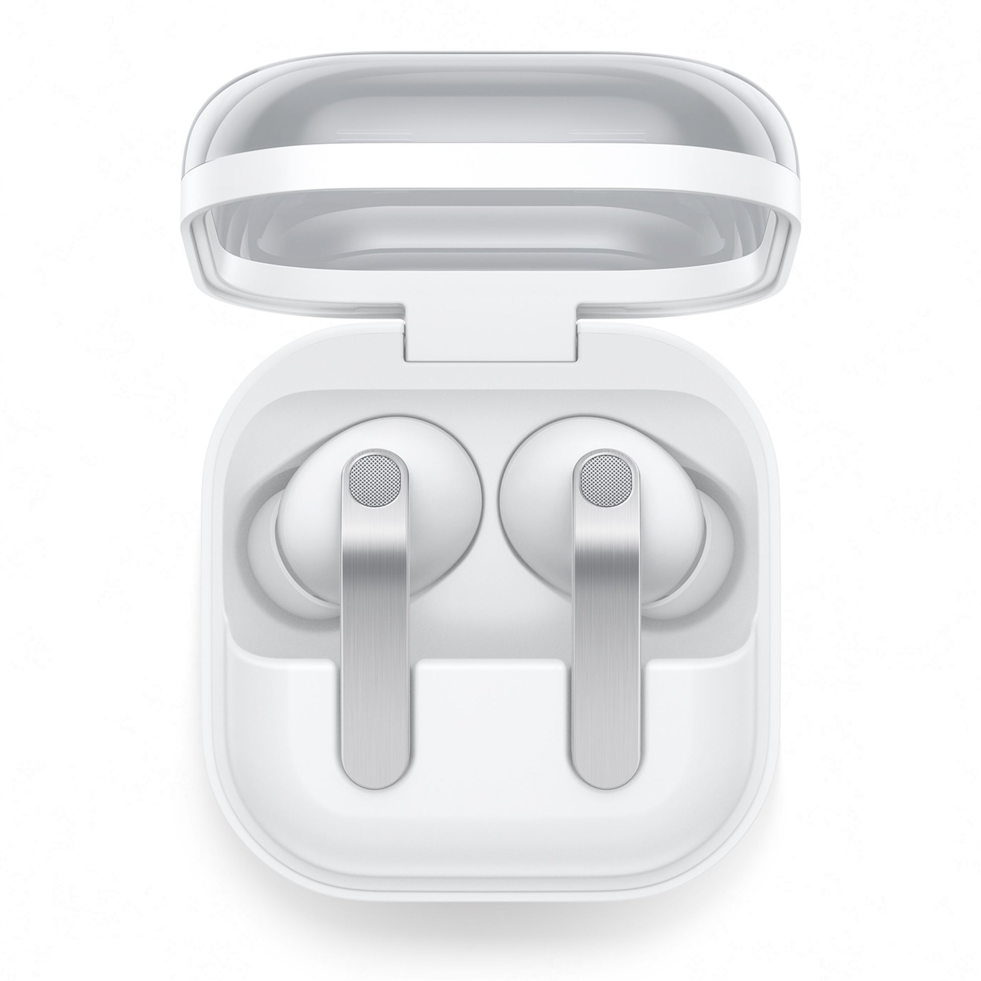 Samsung Galaxy Buds4 Pro trådløse in-ear høretelefoner hvid med sølvfarvede stænger i åbent hvidt opladningsetui.