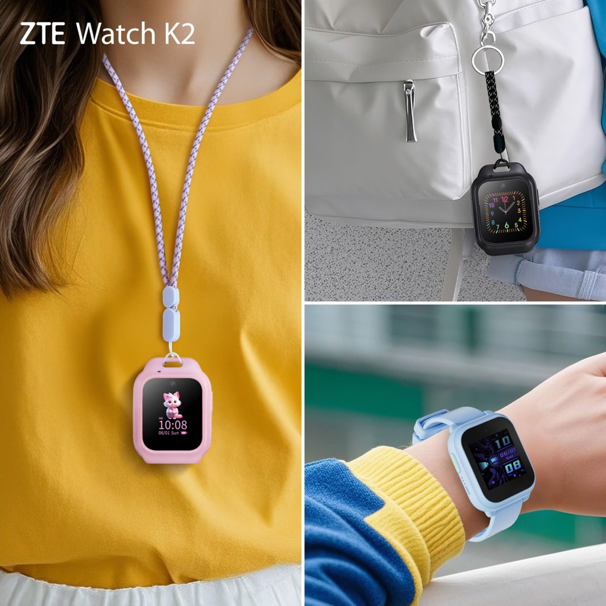 Zte Se K2 smartur til børn blå vises med pink snor, på hvid taske m. sort holder og med lyseblåt urrem, skærm m. position.