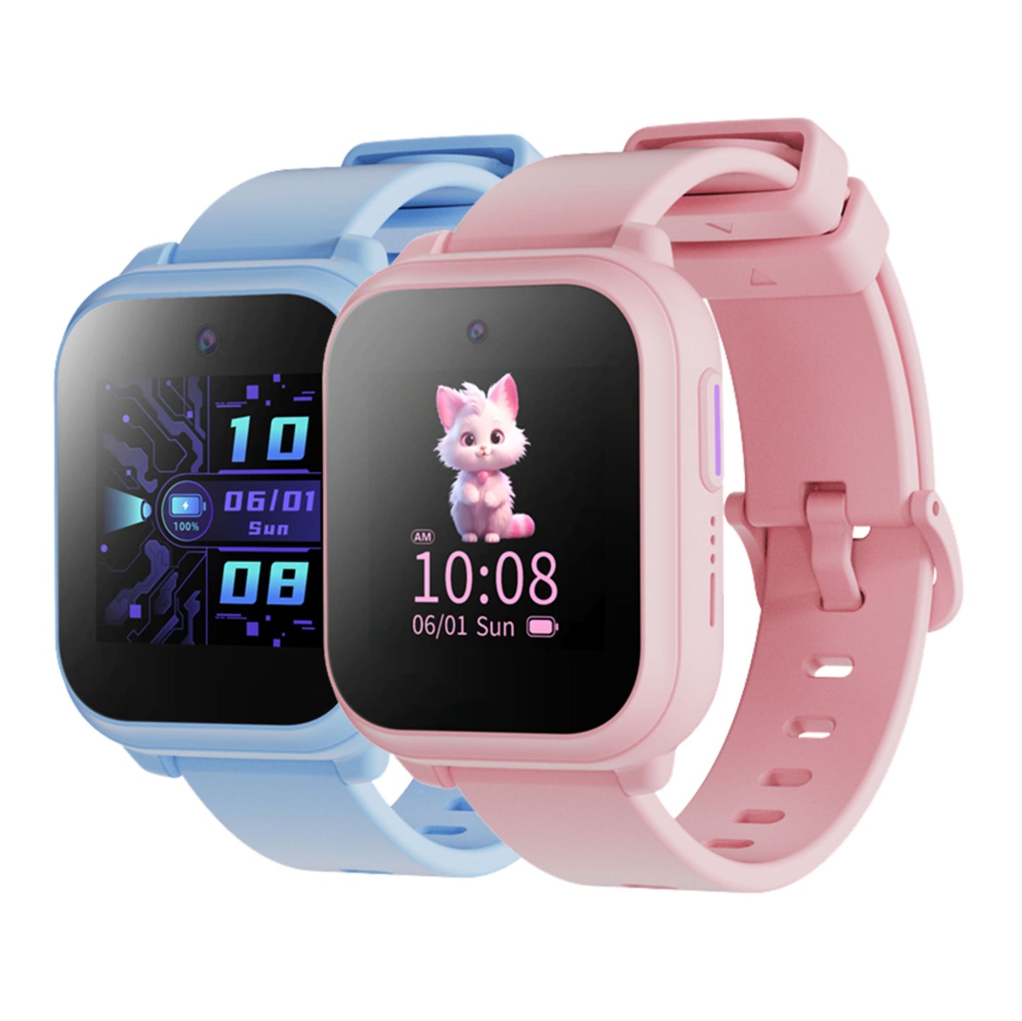 ZTE Se K2 børnesmartwatch i pink med tegnet dyr og blå variant, begge med silikonearmbånd og digitalt display.