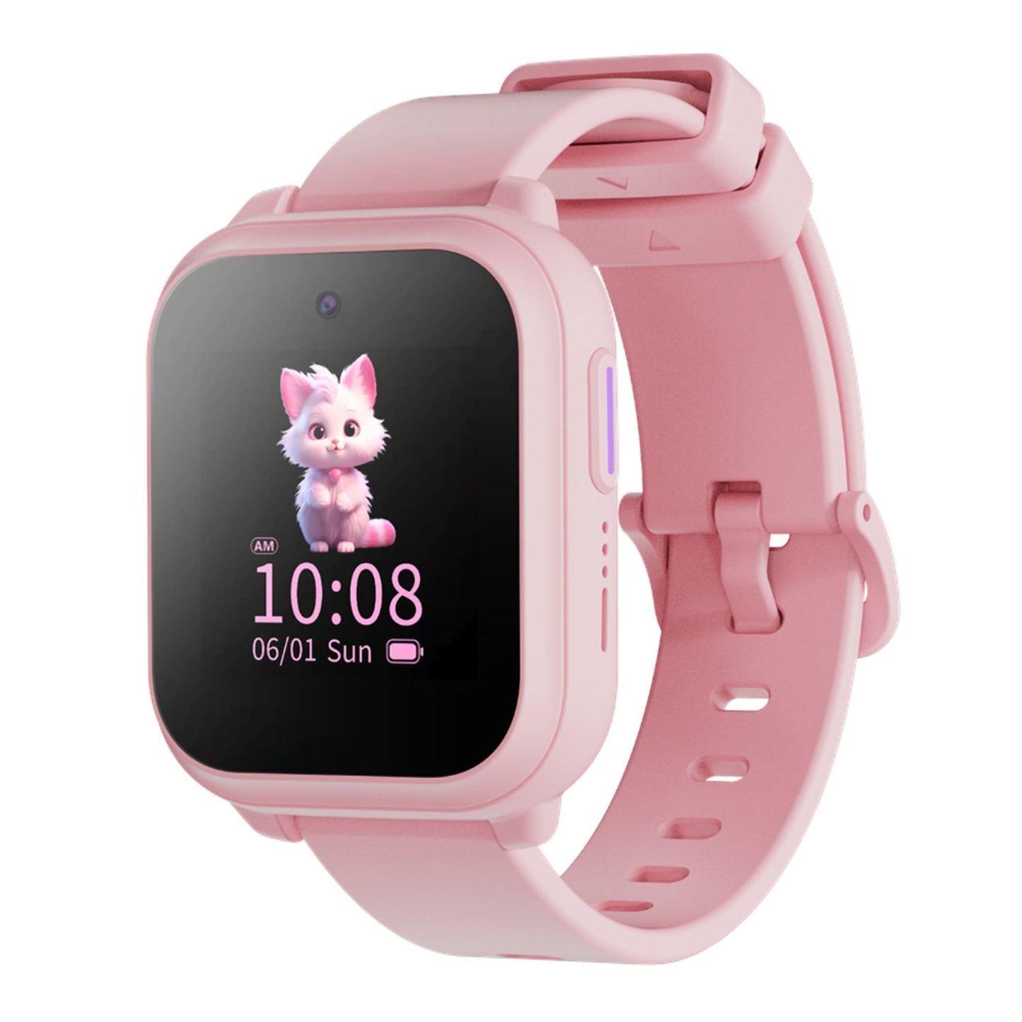 ZTE Se K2 smartwatch til børn i rosa med rektangulært display, tid 10:08, dato 06/01 søndag og kattemotiv på urskiven.