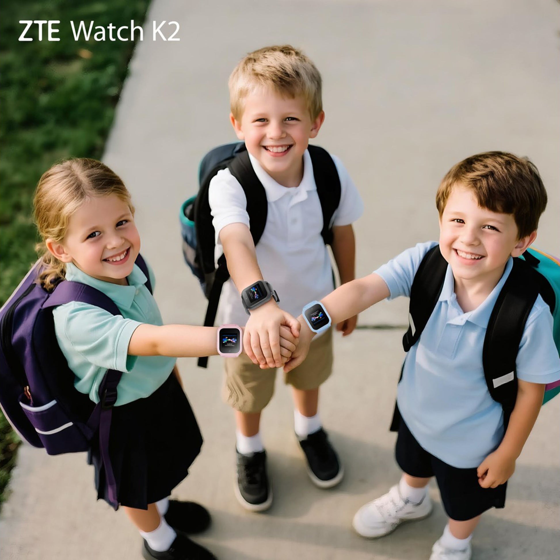 ZTE Se K2 smartwatch til børn rosa vises på børns håndled med logo og modelnavn "ZTE Se K2" synligt i øverste venstre hjørne.