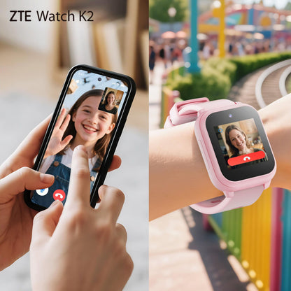 ZTE Se K2 smartwatch til børn rosa vises på håndled med videokald, "ZTE Se K2"-logo øverst til venstre på displayet.