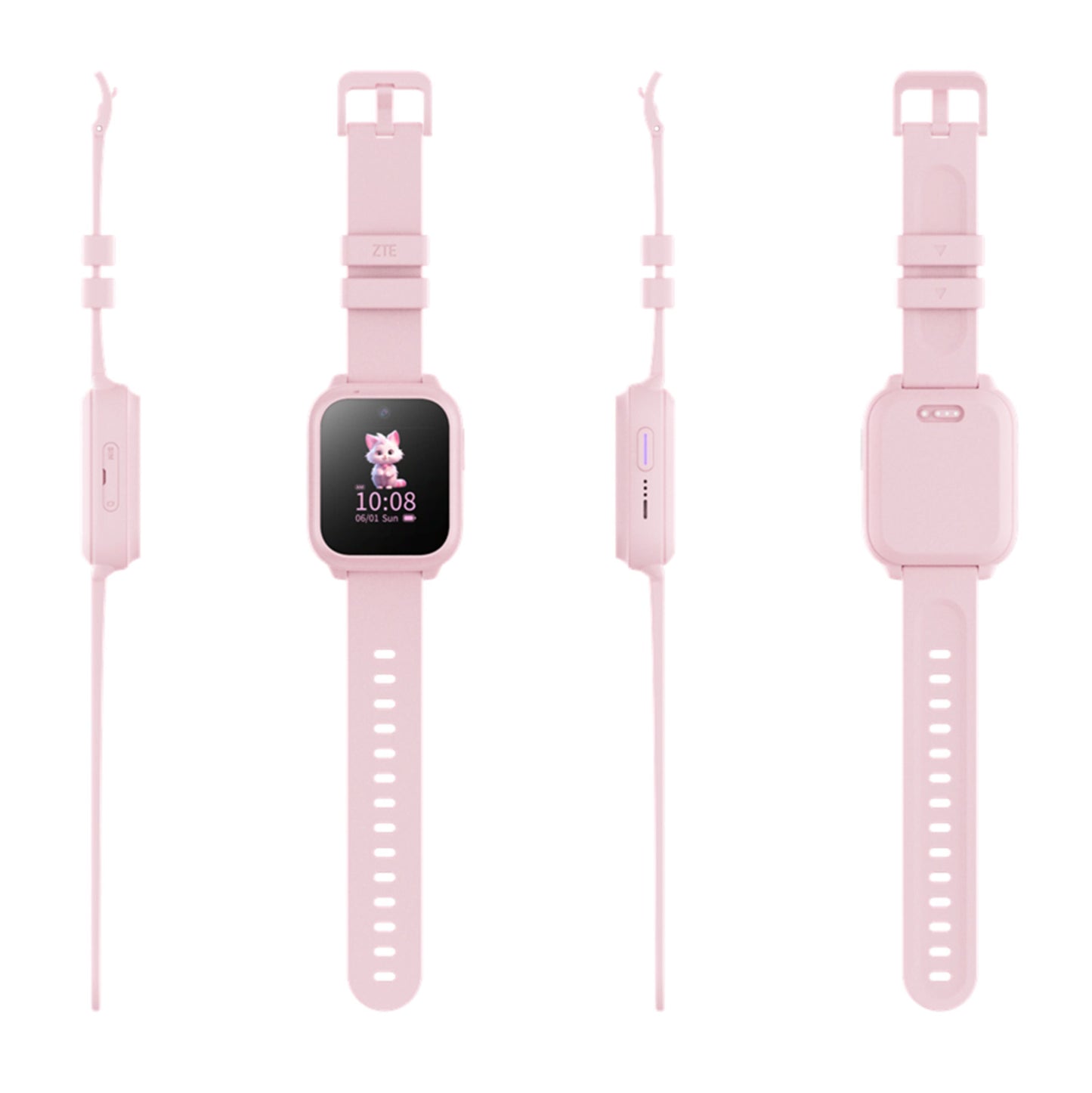 ZTE Se K2 smartwatch til børn, rosa, pink rektangulær skærm med kaninmotiv, justerbar rem, ladekontakter bagpå.