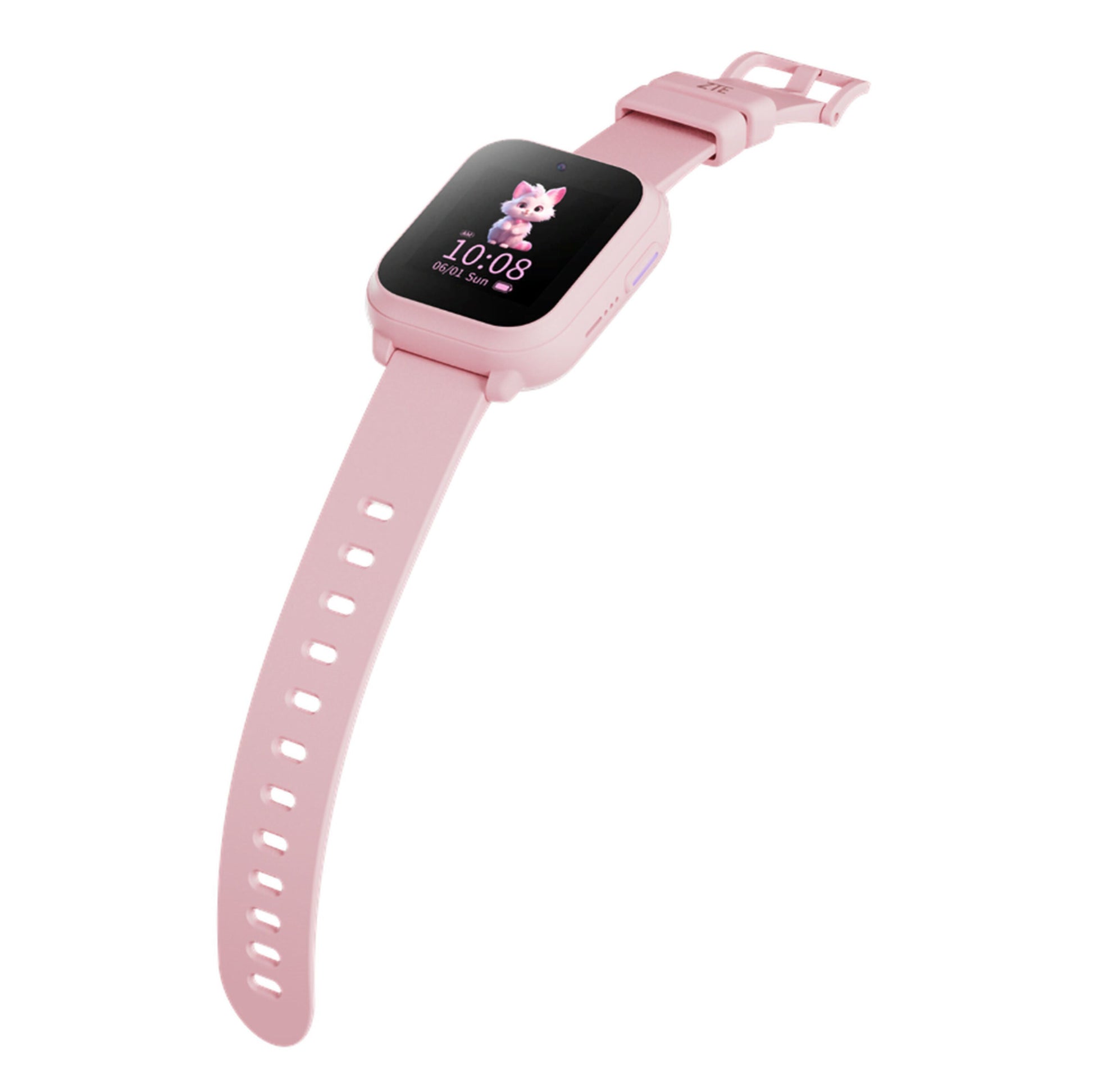 Zte SE K2 smartwatch til børn rosa med firkantet urskive, tegnefilmsfigur, klokkeslæt 10:08 og justerbar rem.