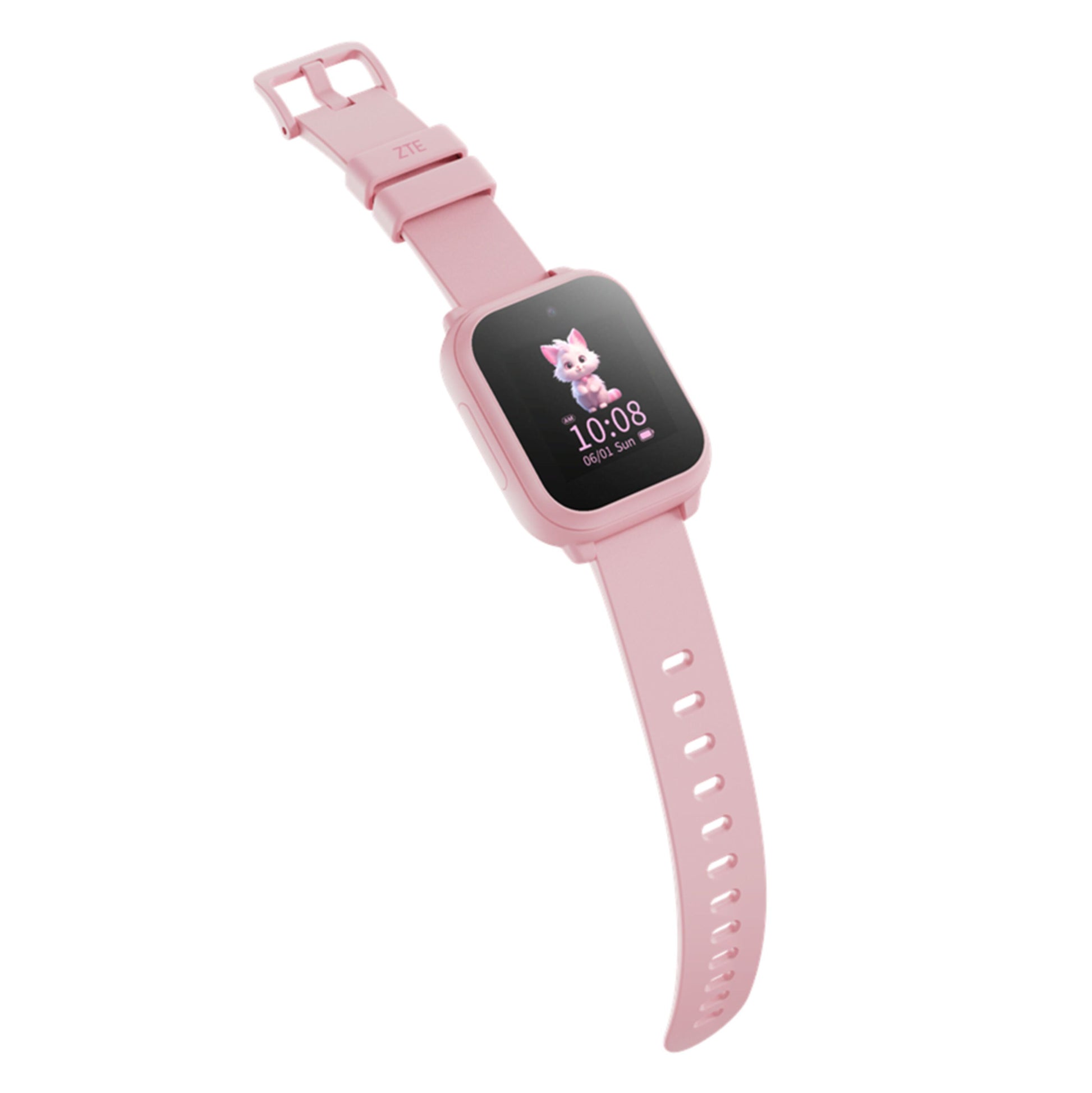 ZTE Se K2 smartwatch til børn, rosa rem med mange huller og spænde, rektangulær skærm viser tegneseriefigur og klokken 10:08.