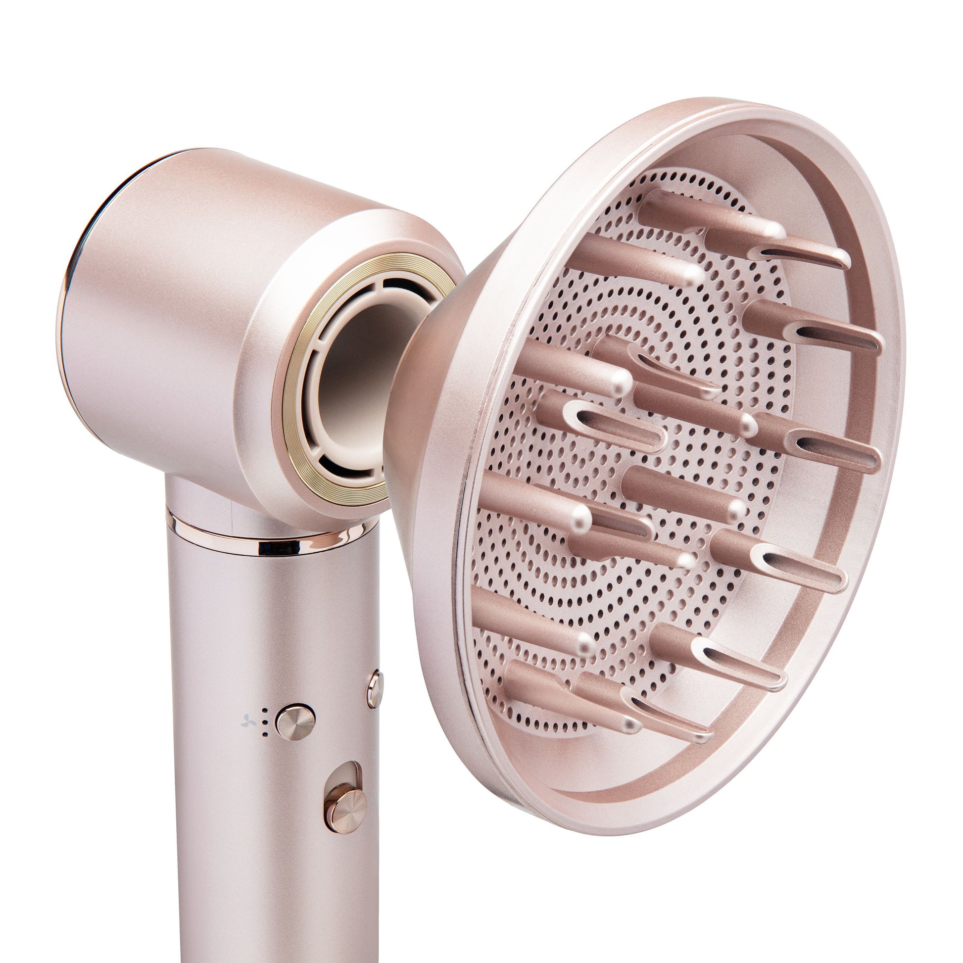 High-speed Multistyler 7-i-1 hårtørrer, rosa guld, BLDC-motor og diffuser-tilbehør.