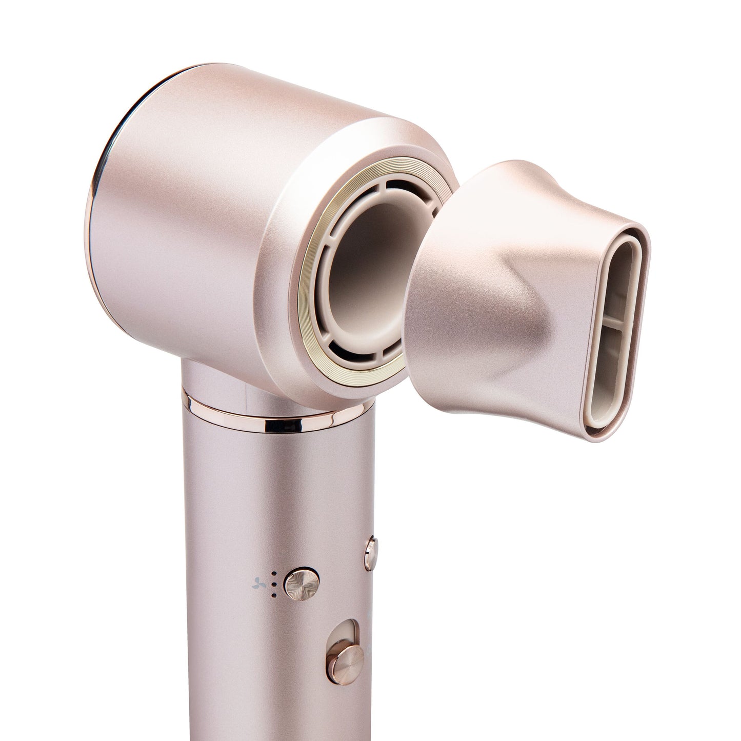 High-speed Multistyler 7-i-1 hårtørrer, rosaguld med guldfarvede knapper, BLDC-motor, løs koncentrator-dyse.
