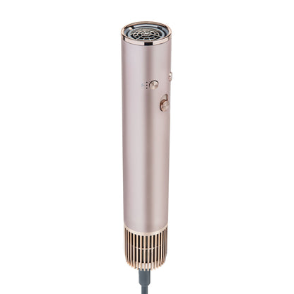 High-speed Multistyler 7-i-1 hårtørrer, rose gold med gulddetaljer, topdyse, sideknapper, ventileret bund, grå ledning.