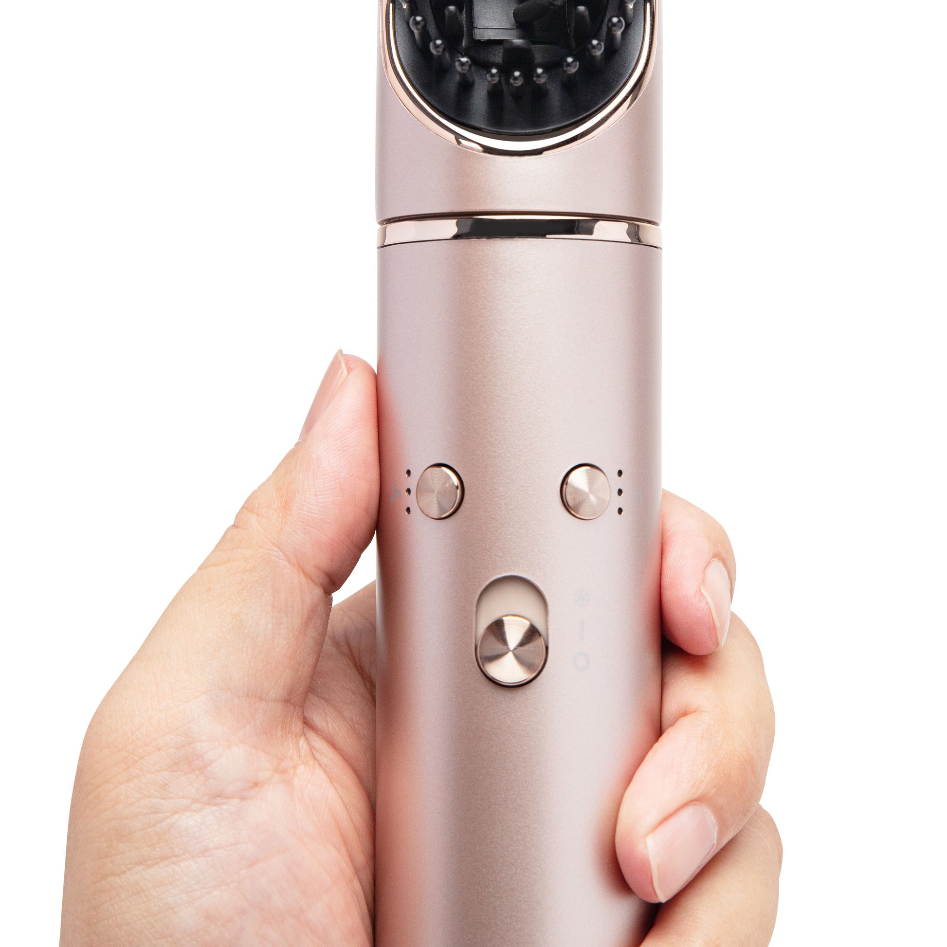 High-speed Multistyler 7-i-1 hårtørrer i rosaguld med BLDC-motor, kontrolknapper og børstehoved med små massageknopper.