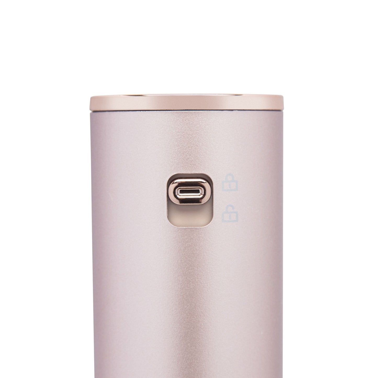 High-speed Multistyler 7-i-1 hårtørrer, metallic rosaguld, cylinder, USB-C port, til små låseikoner på overfladen.