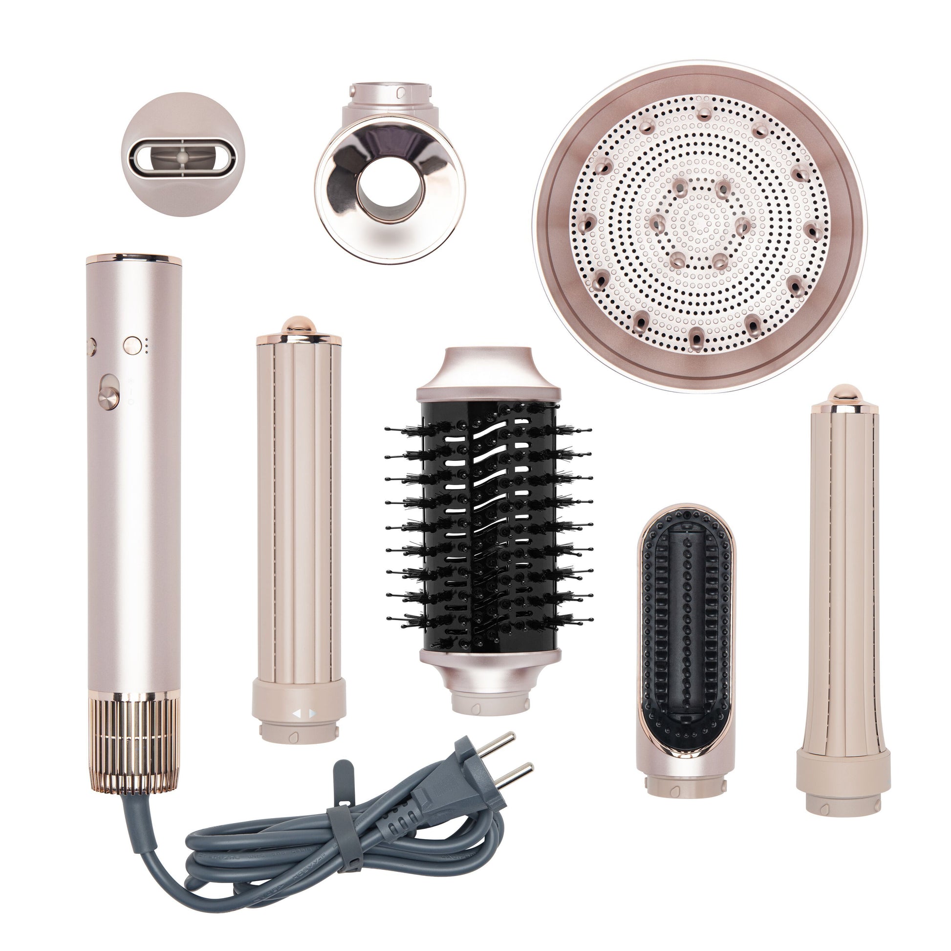 High-speed Multistyler 7-i-1 hårtørrer med 7 udskiftelige børster, tønder og diffuser i metalfinish, BLDC-motor, ledning.