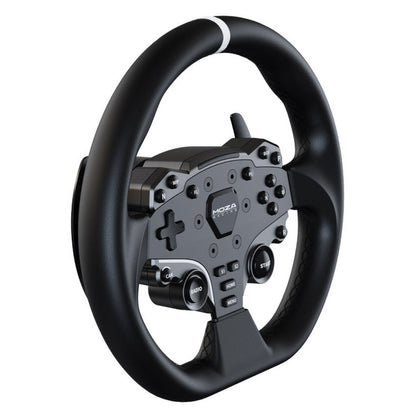 MOZA Racing R5 racersimulator med rat og pedaler, direct drive, flere knapper, d-pad, drejehjul, paddle shifters.