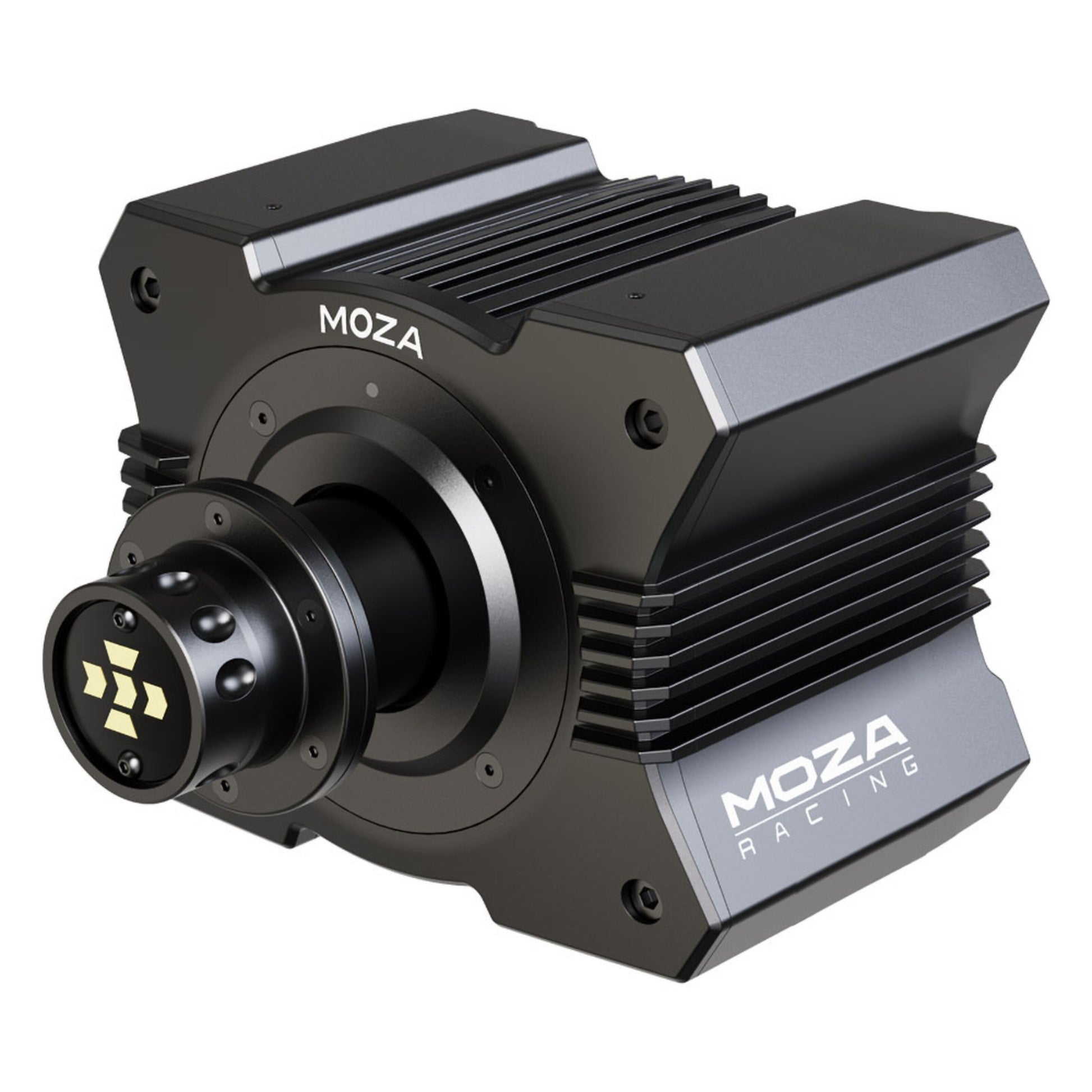 MOZA Racing R5 racersimulator med rat og pedaler, sort direct drive base med kantet design, køleribber og MOZA-logo.