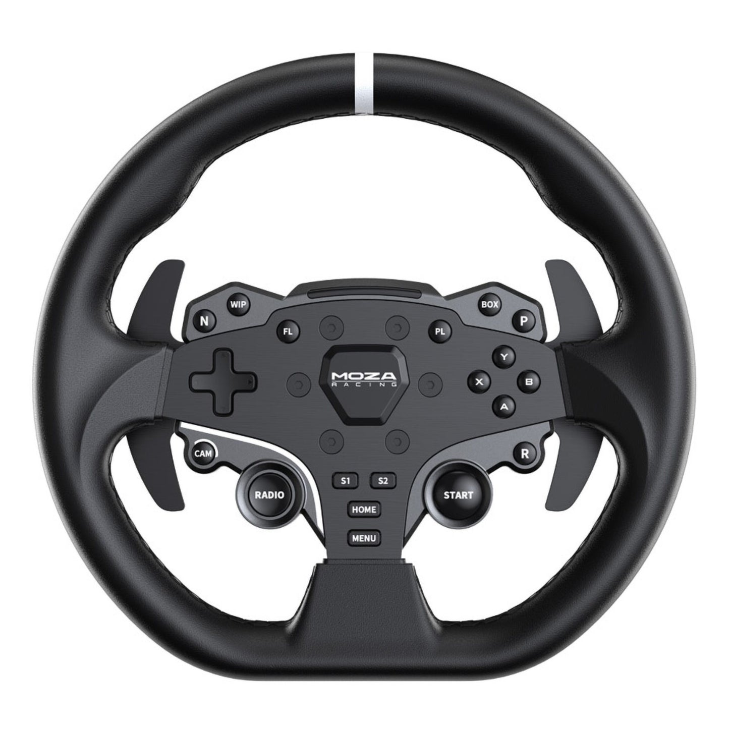 MOZA Racing R5 racersimulator med sort rat og pedaler, flere knapper, D-pad, hvid centerstribe øverst.