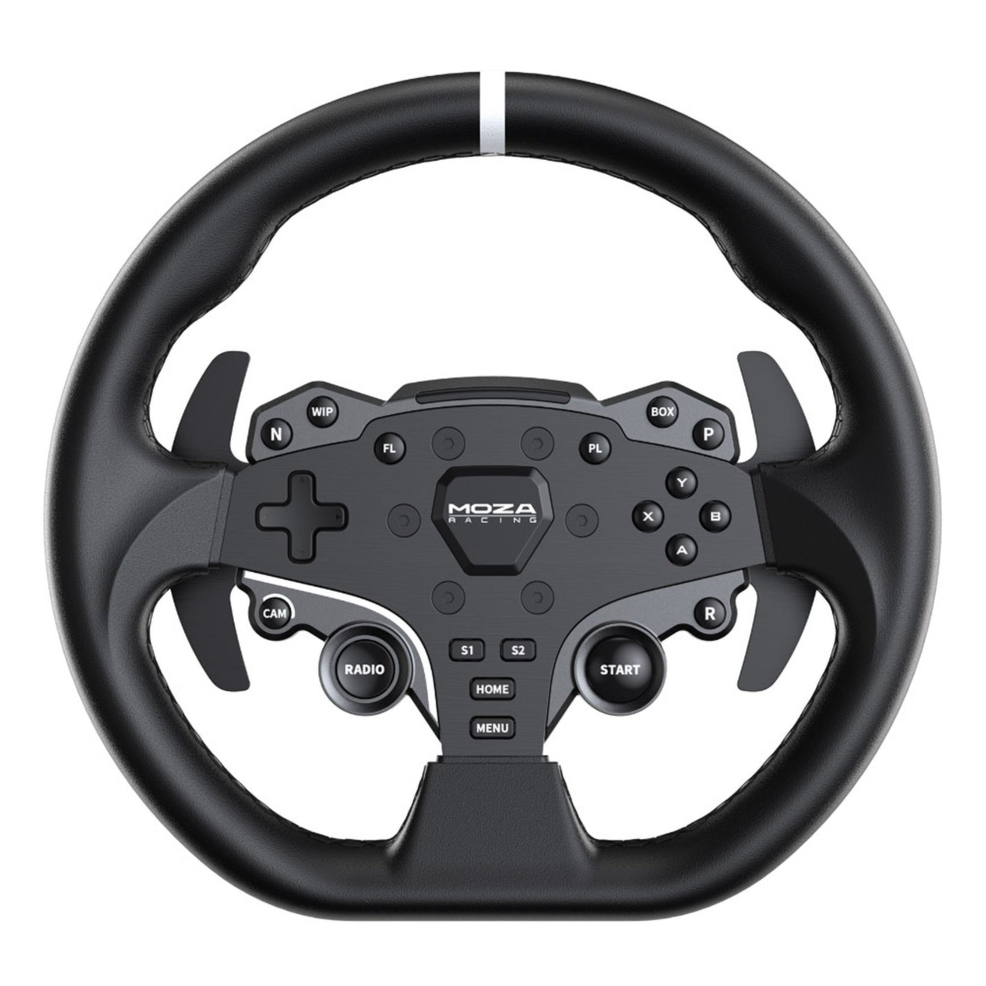 MOZA Racing R5 racersimulator med sort rat og pedaler, flere knapper, D-pad, hvid centerstribe øverst.
