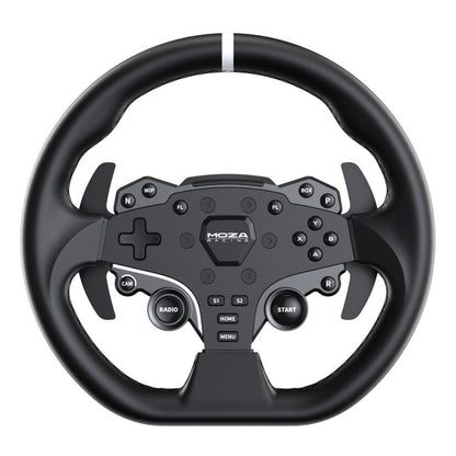 MOZA Racing R5 racersimulator med sort rat og pedaler, flere knapper, D-pad, hvid centerstribe øverst.