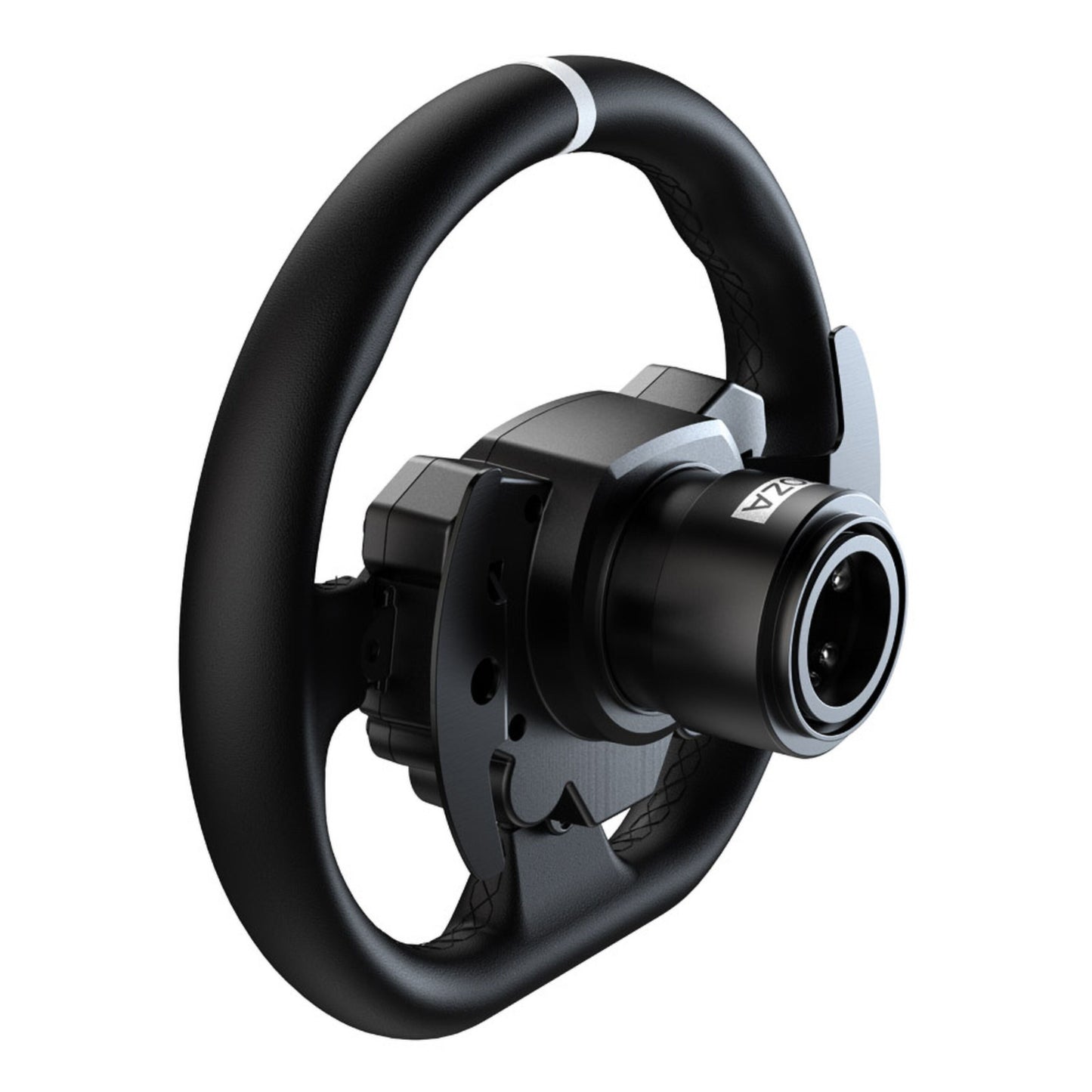 MOZA Racing R5 racingsimulator sort/sølv med rat, pedaler, tekstureret greb, paddle shifters, direct drive, central hub.