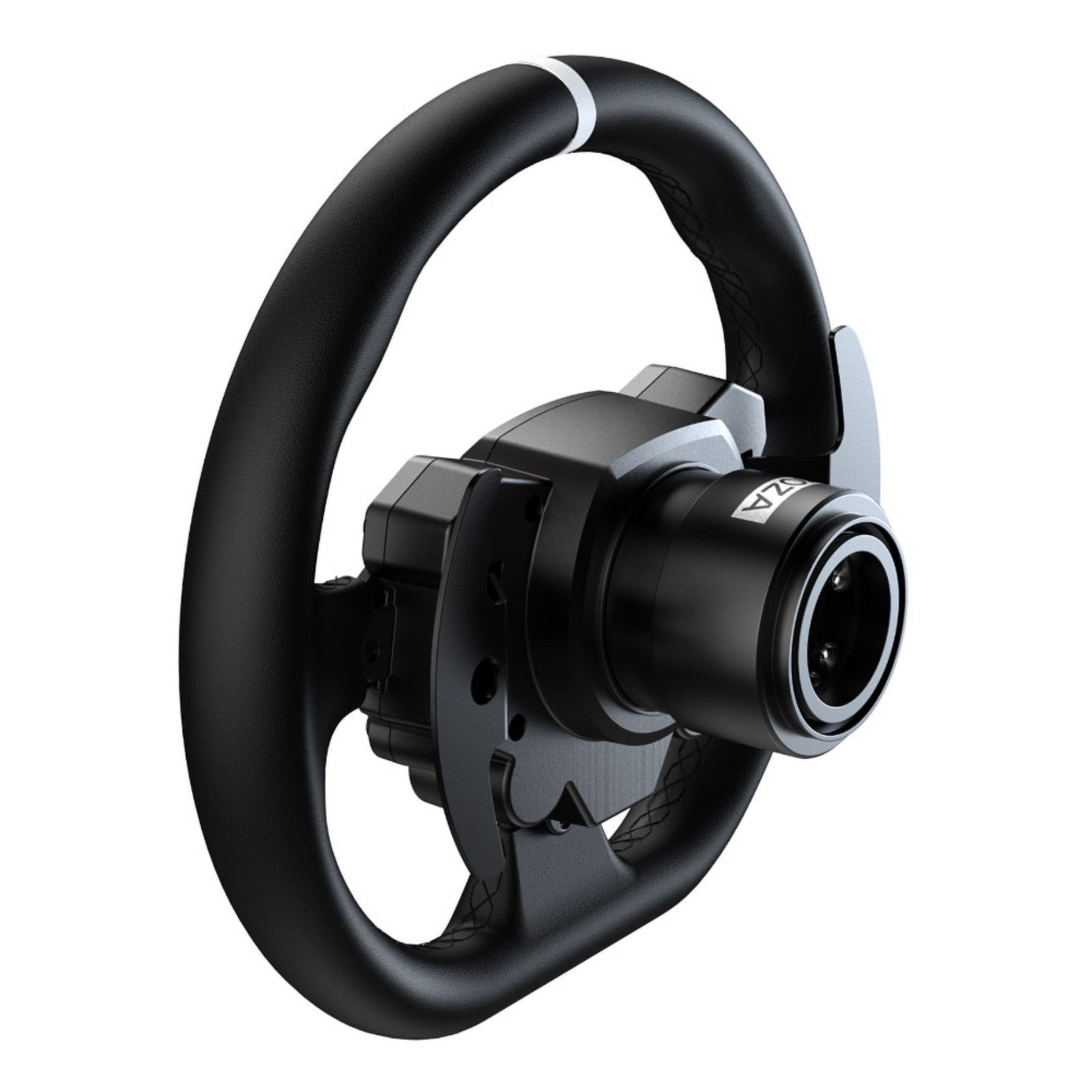 MOZA Racing R5 racingsimulator sort/sølv med rat, pedaler, tekstureret greb, paddle shifters, direct drive, central hub.