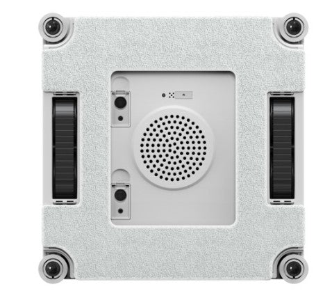 Apple Mac Pro bundt med ventilationshuller, rund højttalergrill, port og sort hjul, inspireret af N1 vinduespudserobot Hvid.