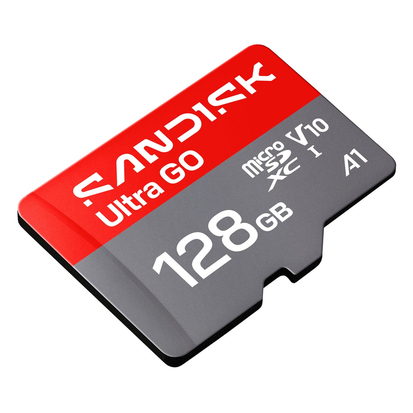 SanDisk microSD Ultra Go 128GB 190MB/s V10 A1 Class 10, rød og grå med hvid tekst.