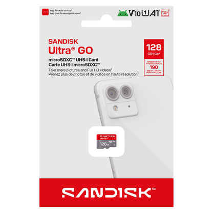 Sandisk microSD Ultra Go hukommelseskort 128 GB 190 MB/s i emballage med smartphone-billede og rødt/hvidt Sandisk-logo.