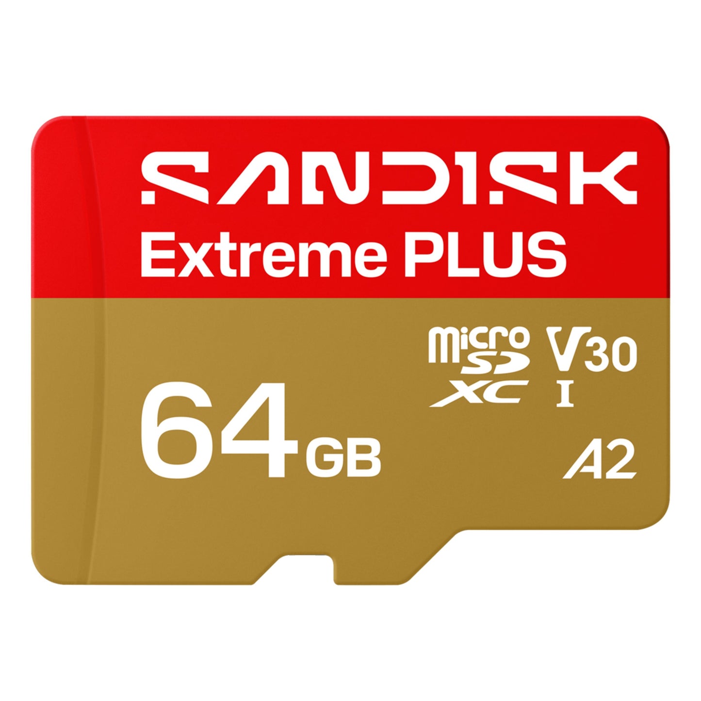 Sandisk Extreme PLUS microSDXC 64GB hukommelseskort guld/rød med V30, UHS-I, A2 logoer, op til 200/90 MB/s.