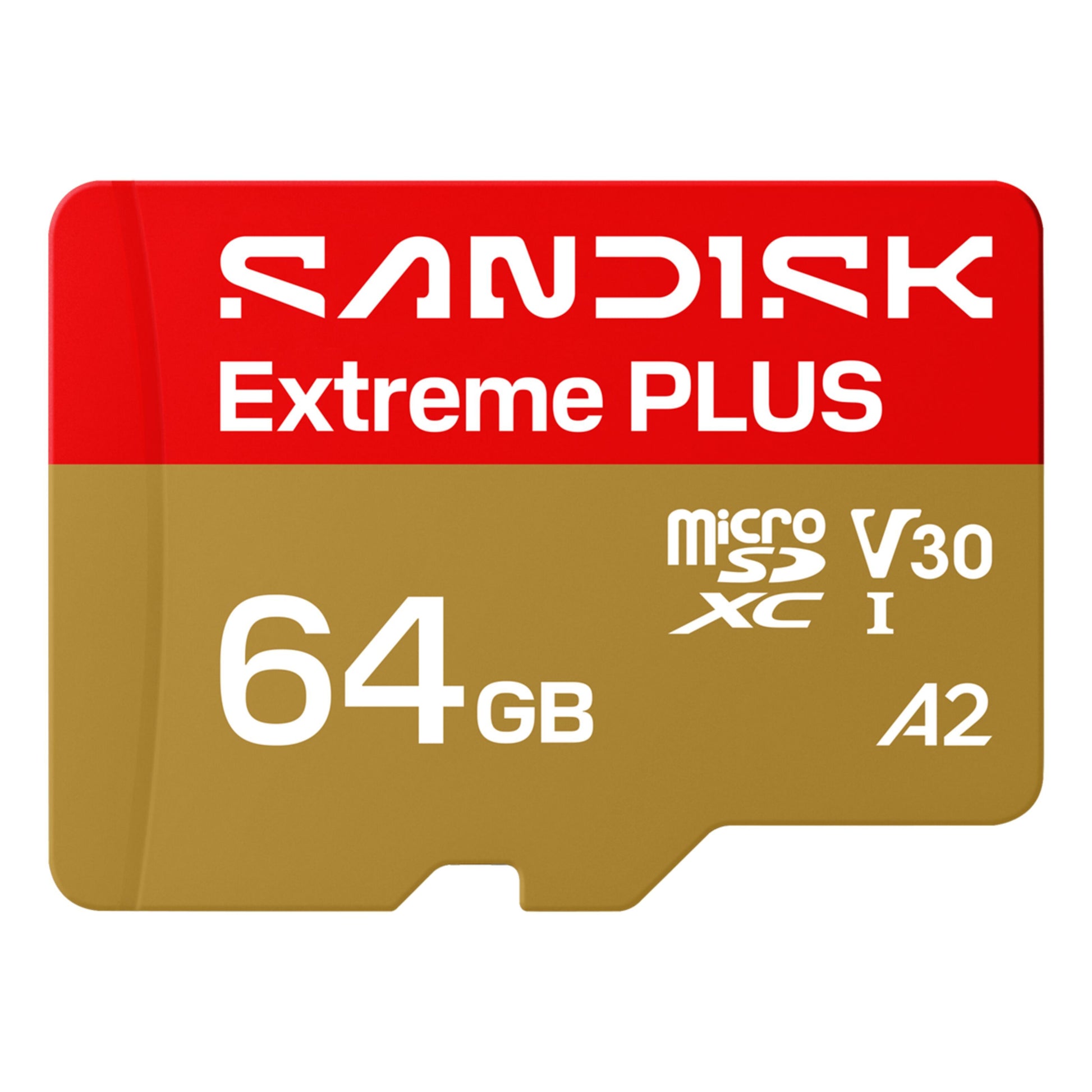 Sandisk Extreme PLUS microSDXC 64GB hukommelseskort guld/rød med V30, UHS-I, A2 logoer, op til 200/90 MB/s.