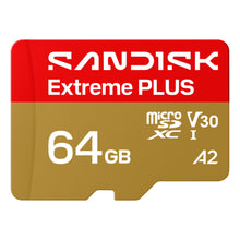 Sandisk Extreme PLUS microSDXC 64GB hukommelseskort guld/rød med V30, UHS-I, A2 logoer, op til 200/90 MB/s.