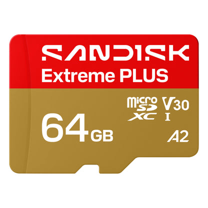 Sandisk Extreme PLUS microSDXC 64GB hukommelseskort guld/rød med V30, UHS-I, A2 logoer, op til 200/90 MB/s.