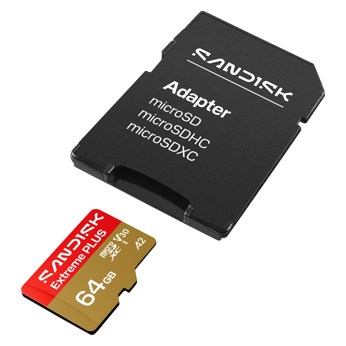 SanDisk Extreme PLUS microSDXC 64GB hukommelseskort 200/90 MB/s med adapter til microSD, microSDHC og microSDXC enheder.