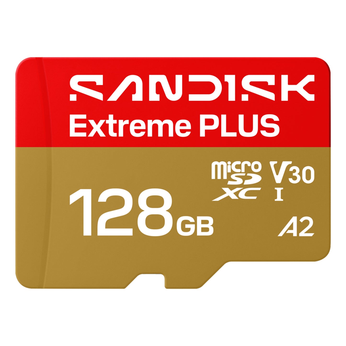 Sandisk Extreme PLUS microSDXC 128GB kort, op til 250/120 MB/s, V30, UHS-I, A2, rød/guld med hvide specifikationer.
