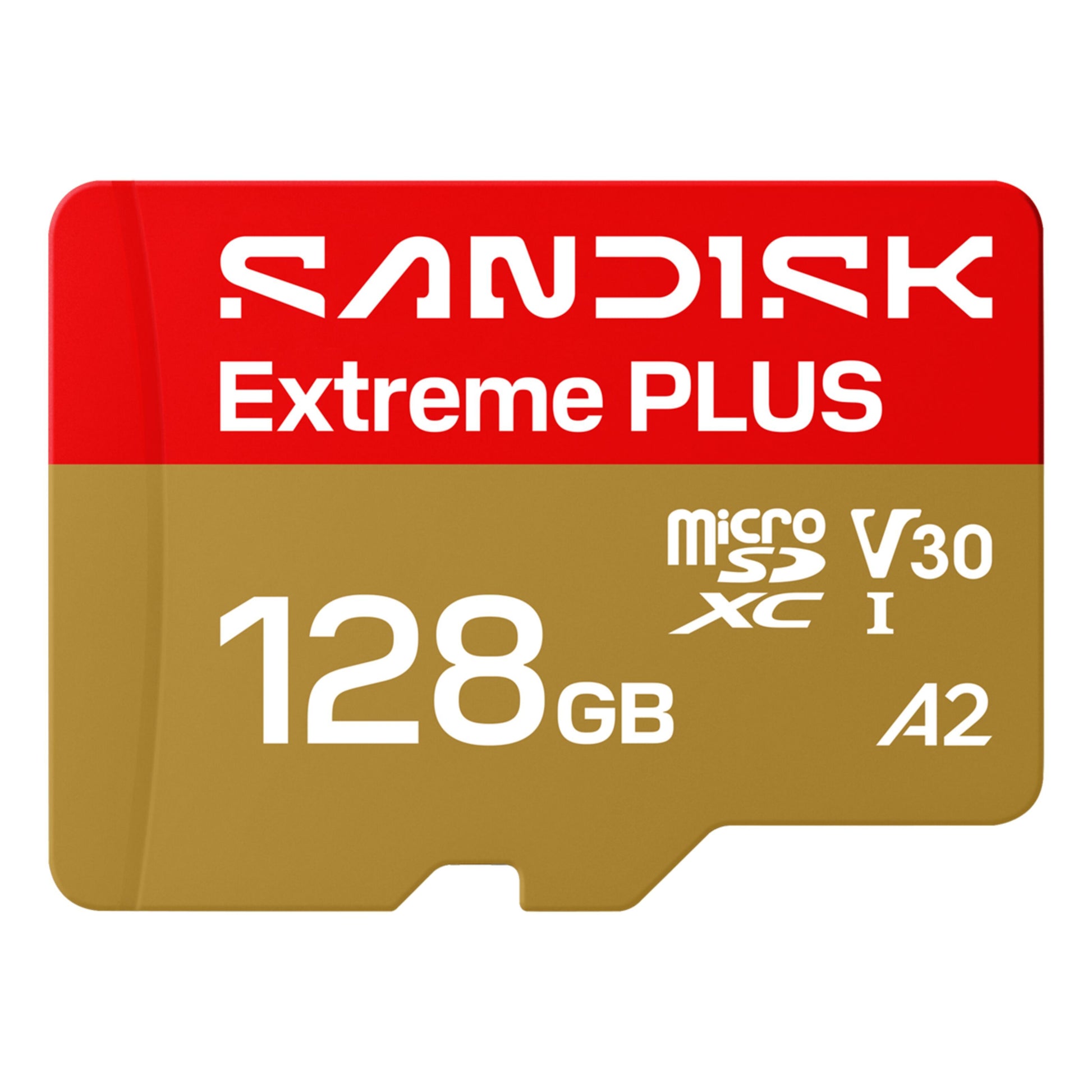 Sandisk Extreme PLUS microSDXC 128GB kort, op til 250/120 MB/s, V30, UHS-I, A2, rød/guld med hvide specifikationer.