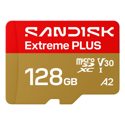 Sandisk Extreme PLUS microSDXC 128GB kort, op til 250/120 MB/s, V30, UHS-I, A2, rød/guld med hvide specifikationer.