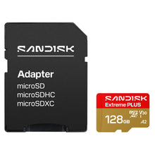 SanDisk Extreme PLUS microSDXC adapter sort med rød/guld 128GB kort 250/120MB/s begge med Sandisk logo og hvid tekst.