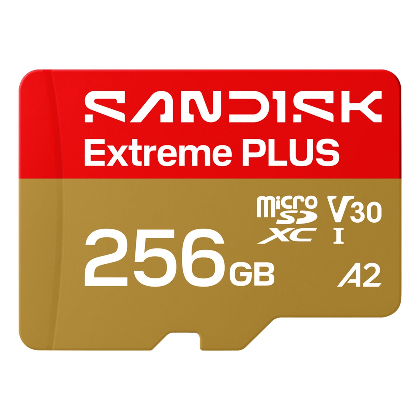 Sandisk Extreme PLUS microSDXC 256GB kort, op til 250/170 MB/s, V30, A2, UHS-I, rød-guldfarvet design.
