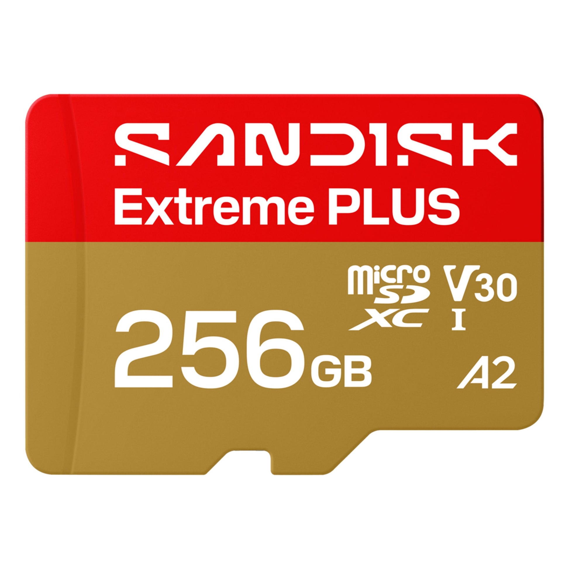 Sandisk Extreme PLUS microSDXC 256GB kort, op til 250/170 MB/s, V30, A2, UHS-I, rød-guldfarvet design.