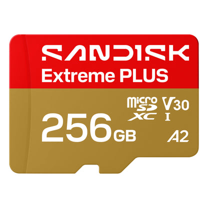 Sandisk Extreme PLUS microSDXC 256GB kort, op til 250/170 MB/s, V30, A2, UHS-I, rød-guldfarvet design.