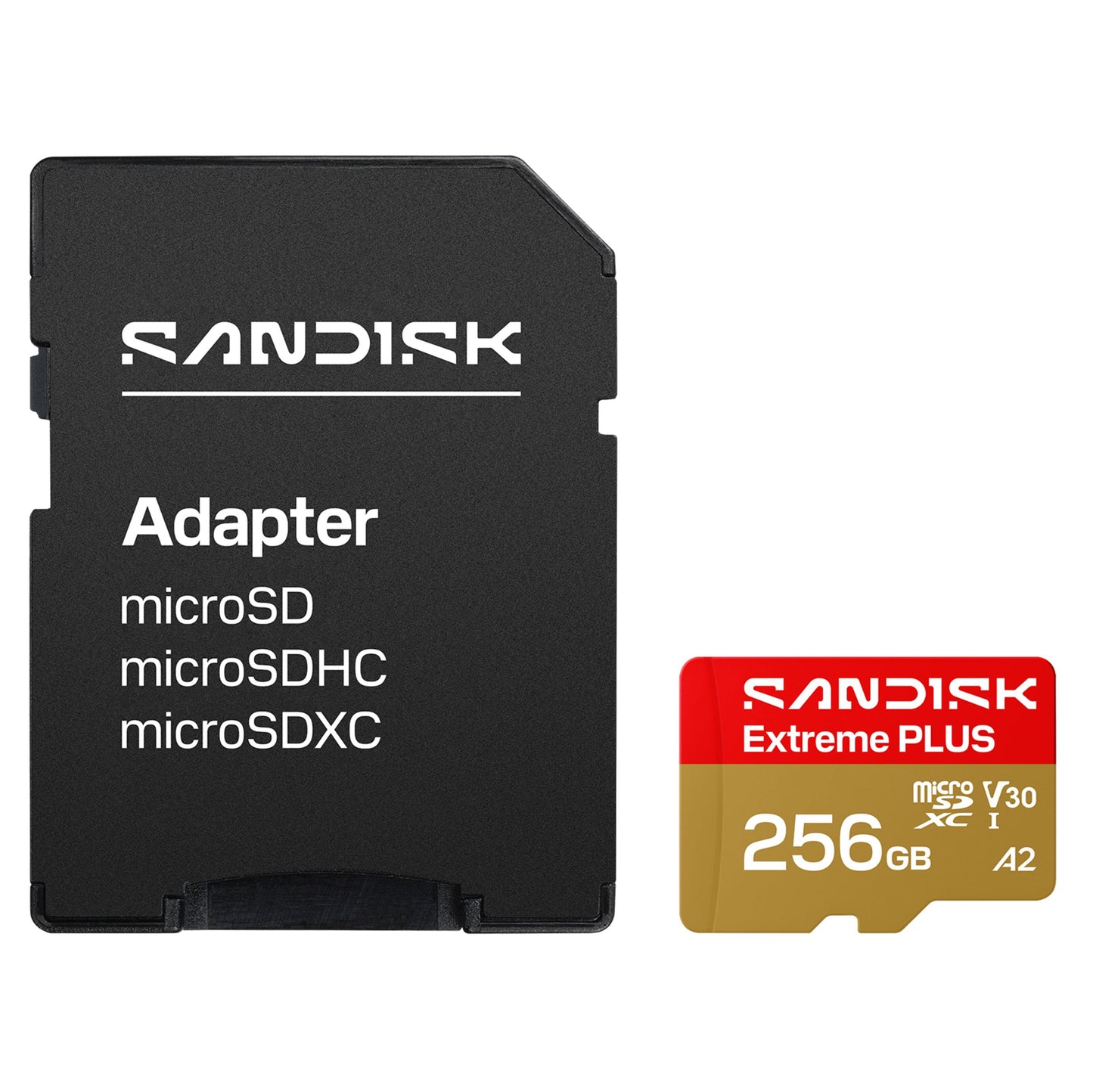 SanDisk Extreme PLUS microSDXC 256GB 250/170MB/s, rød/guld etikette, inkl. SanDisk microSD-adapter, side om side.