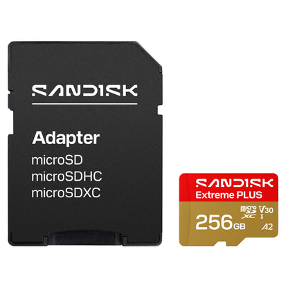 SanDisk Extreme PLUS microSDXC 256GB 250/170MB/s, rød/guld etikette, inkl. SanDisk microSD-adapter, side om side.