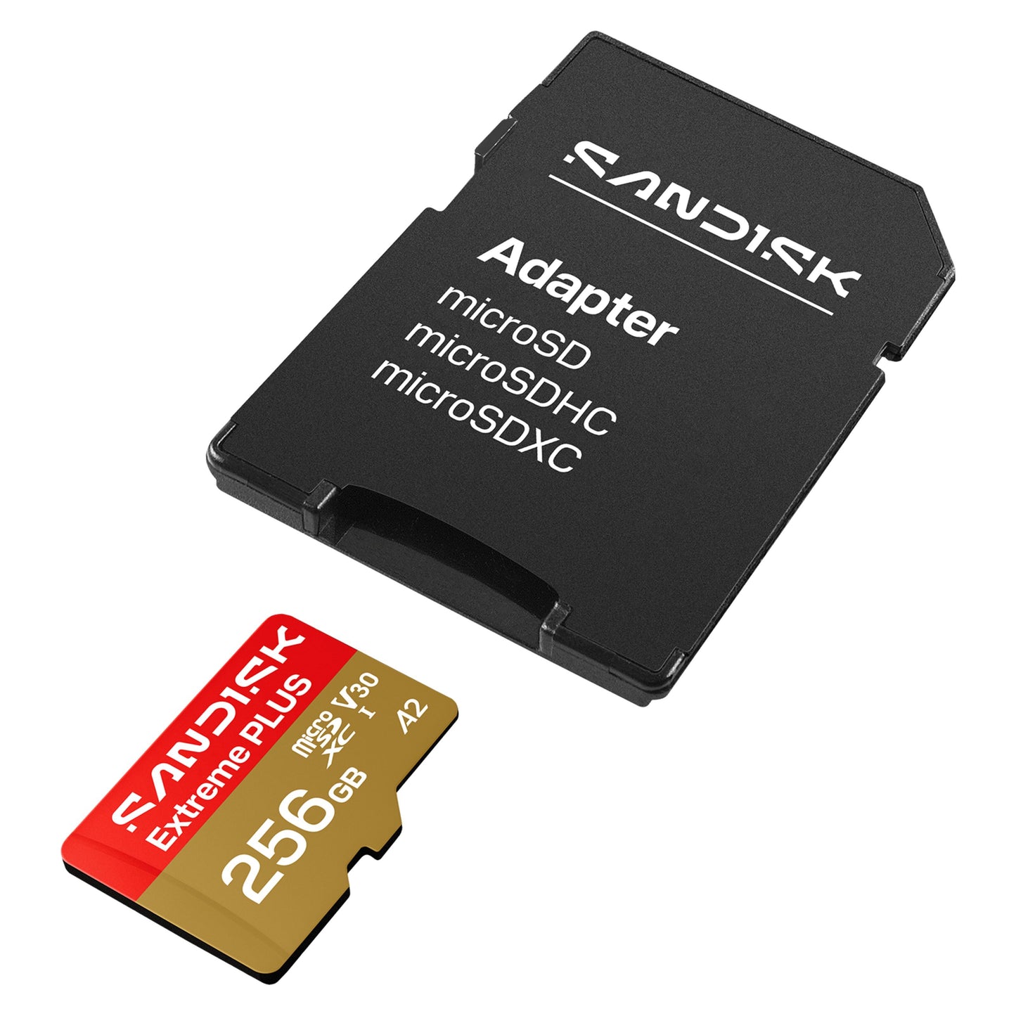 Sandisk Extreme PLUS microSDXC 256 GB 250/170 MB/s med sort Sandisk microSD-adapter.