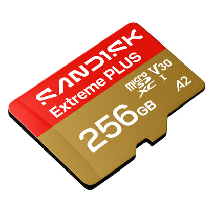 Sandisk Extreme PLUS microSDXC 256GB kort rød/guld med V30, XC I, A2 specs i hvid tekst læsehastighed op til 250 MB/s.